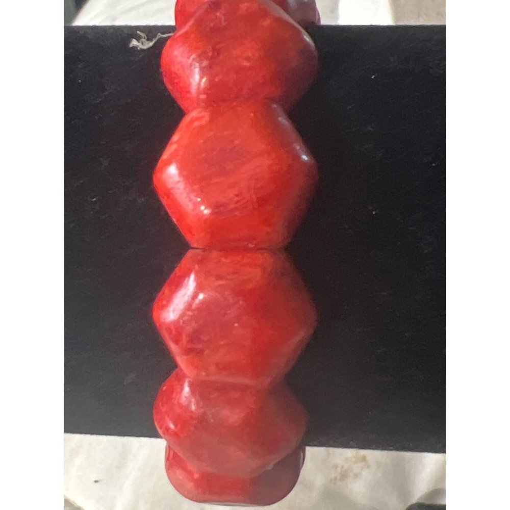 Red Stone Hexagon Stretch Bracelet -- 7.25"